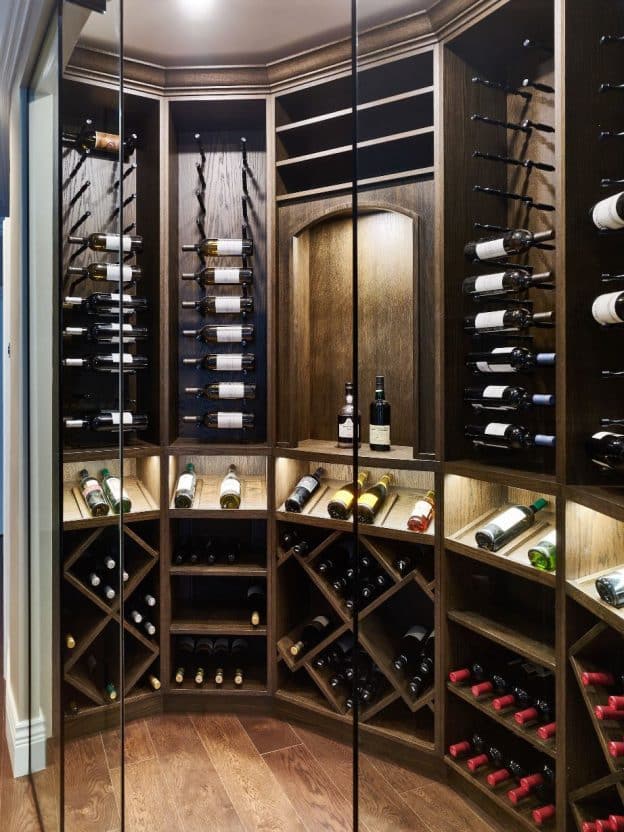 Oak Wood Wine Racks Brought this Glass Wine Cellar to a New Level