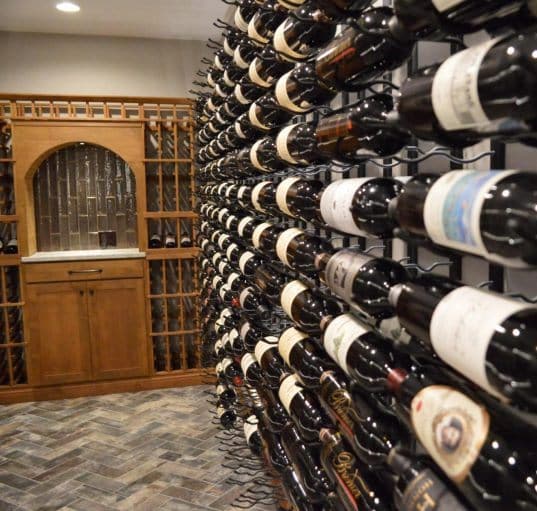 Custom Home Wine Cellar Design with Metal and Wood Wine Racks 